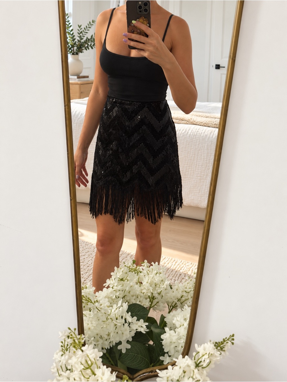 Zara Black Sequin Fringe Mini Skirt